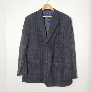 Vintage Boulevard Club Woolmark Black Blue Plaid Pure Wool Soft Sport Blazer 44T